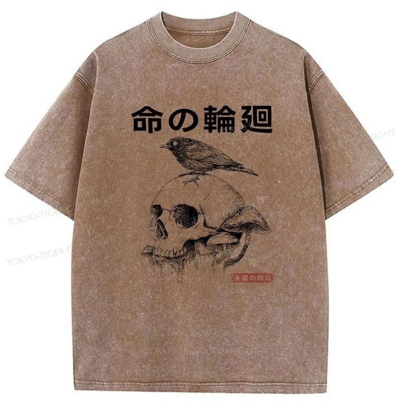 Tokyo-Tiger Mushroom Skull Manga Horror Print Washed T-Shirt