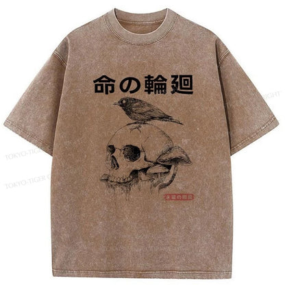 Tokyo-Tiger Mushroom Skull Manga Horror Print Washed T-Shirt