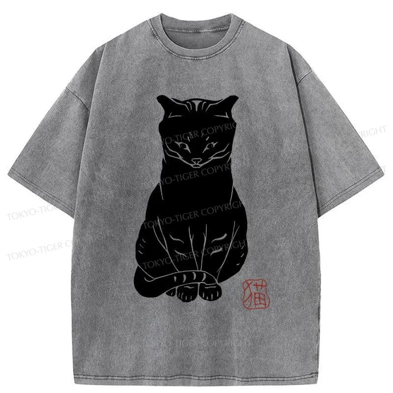 Tokyo-Tiger Black Cat Print Japanese Washed T-Shirt