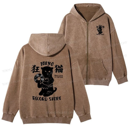 Tokyo-Tiger Tokyo Record Store Cat CD Washed Zip Hoodie