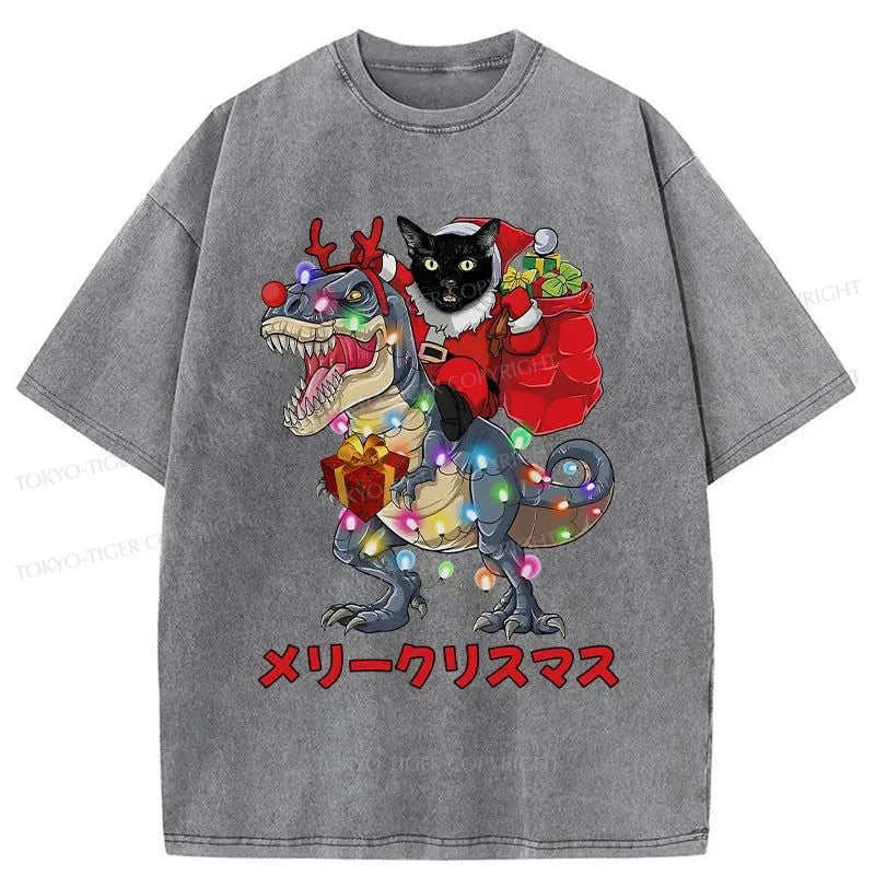 Tokyo-Tiger Cat Riding Dinosaur Christmas Washed T-Shirt