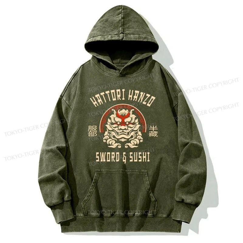 Tokyo-Tiger Hattori Hanzo Sword And Sushi Japanese Washed Hoodie