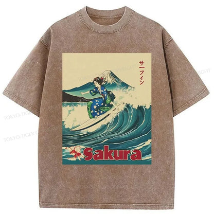 Tokyo-Tiger Geisha Surfing Washed T-Shirt