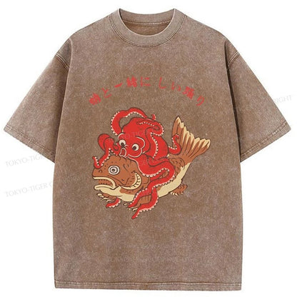 Tokyo-Tiger Octopus And Koi Dance Together Washed T-Shirt