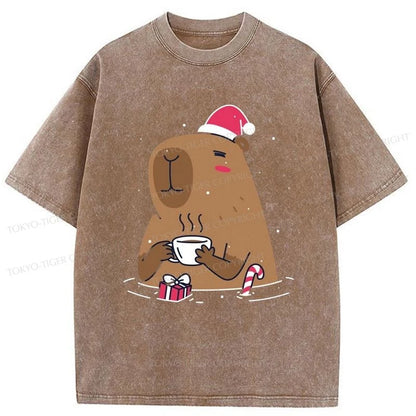 Tokyo-Tiger Santa Capybara In Christmas Washed T-Shirt