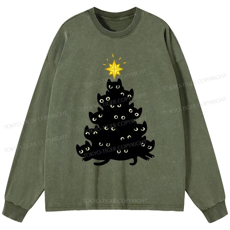 Tokyo-Tiger Black Cat Christmas Tree Washed Long Sleeve T-Shirt