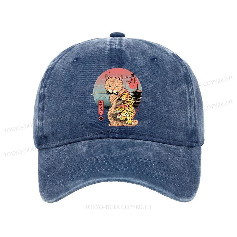 Tokyo-Tiger Katana Cat Tattoo Washed Cap