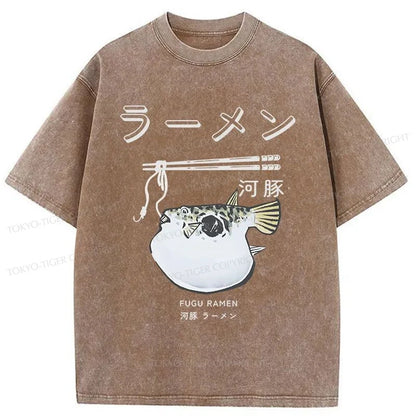 Tokyo-Tiger Pufferfish Eat Ramen Washed T-Shirt