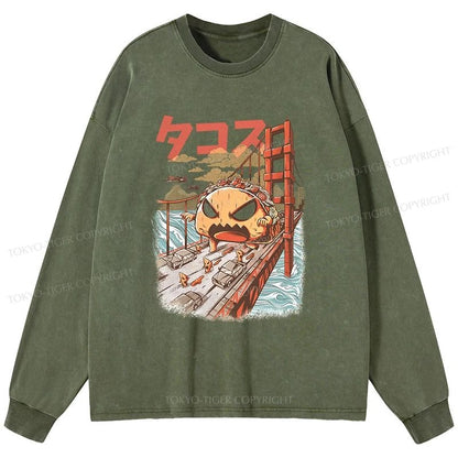 Tokyo-Tiger The Great Taco Kaiju Japanese Washed Long Sleeve T-Shirt