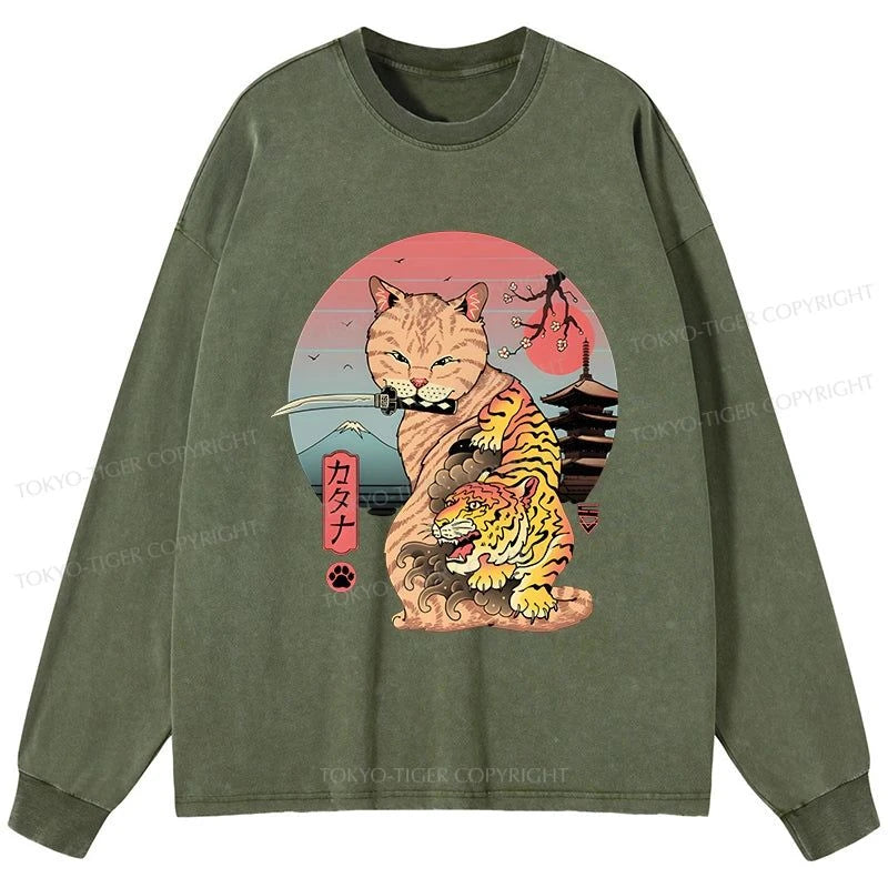 Tokyo-Tiger Katana Cat Tattoo Washed Long Sleeve T-Shirt