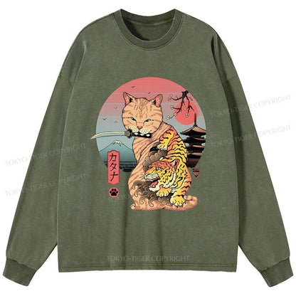 Tokyo-Tiger Katana Cat Tattoo Washed Long Sleeve T-Shirt