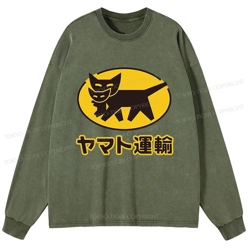 Tokyo-Tiger Black Cat Transport Pattern Japan Washed Long Sleeve T-Shirt