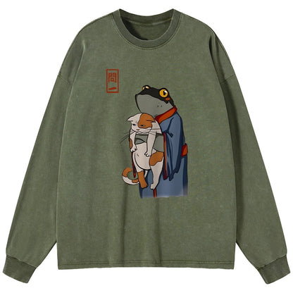 Tokyo-Tiger The Frog Holds The Cat Washed Long Sleeve T-Shirt