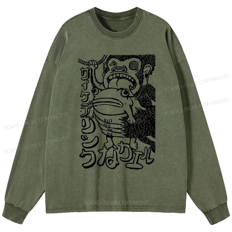 Tokyo-Tiger Orangutan Catches Frog Washed Long Sleeve T-Shirt