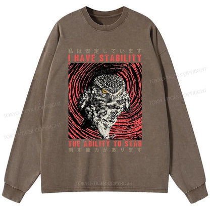 Tokyo-Tiger I Have Stability Owl Washed Long Sleeve T-Shirt