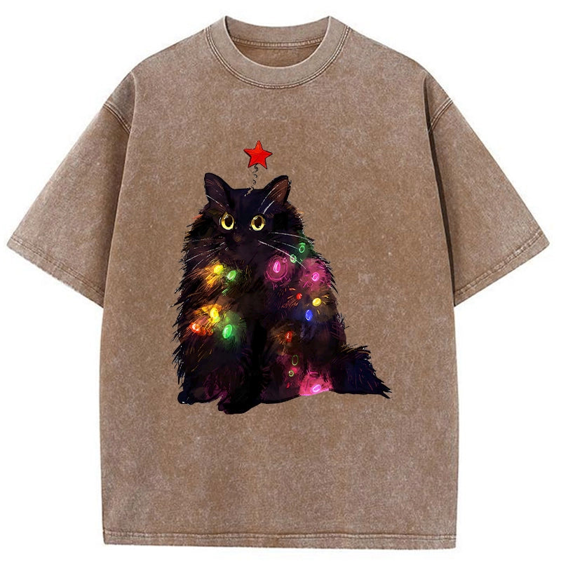 Tokyo-Tiger Christmas Lights Cat Washed T-Shirt