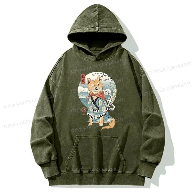 Tokyo-Tiger Samurai Shiba Dog Japanese Washed Hoodie