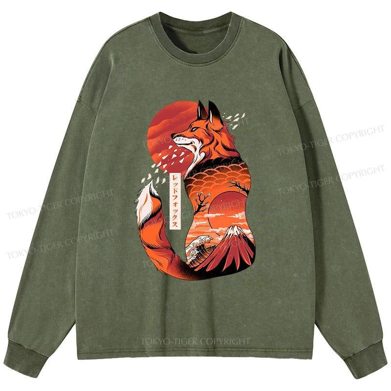 Tokyo-Tiger Japanese Fox KitsuneTattoo Washed Long Sleeve T-Shirt