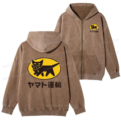 Tokyo-Tiger Black Cat Transport Pattern Japanese Washed Zip Hoodie