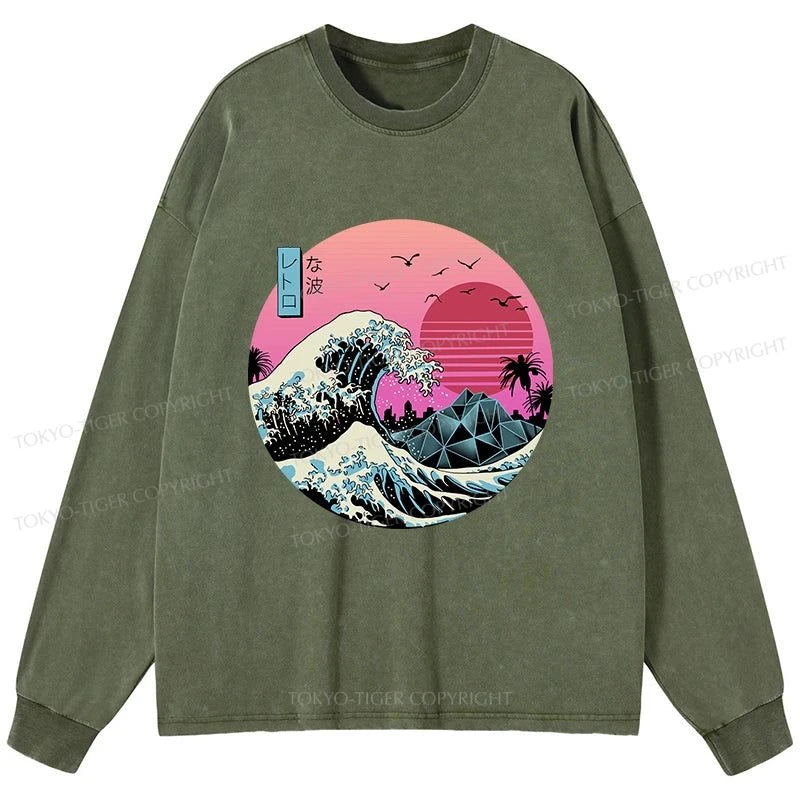 Tokyo-Tiger Japanese The Great Retro Wave Washed Long Sleeve T-Shirt