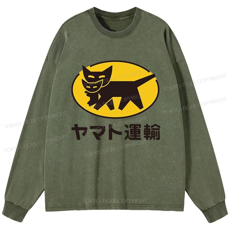 Tokyo-Tiger Black Cat Transport Pattern Japanese Washed Long Sleeve T-Shirt