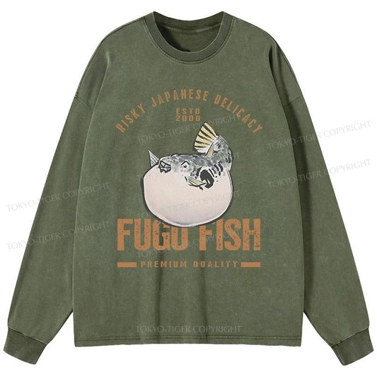 Tokyo-Tiger Fugu Fish Japanese Washed Long Sleeve T-Shirt