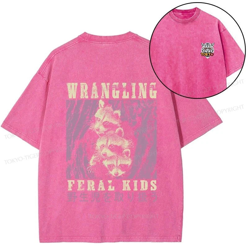 Tokyo-Tiger Wrangling Feral Raccoon Kids Front Back Washed T-Shirt