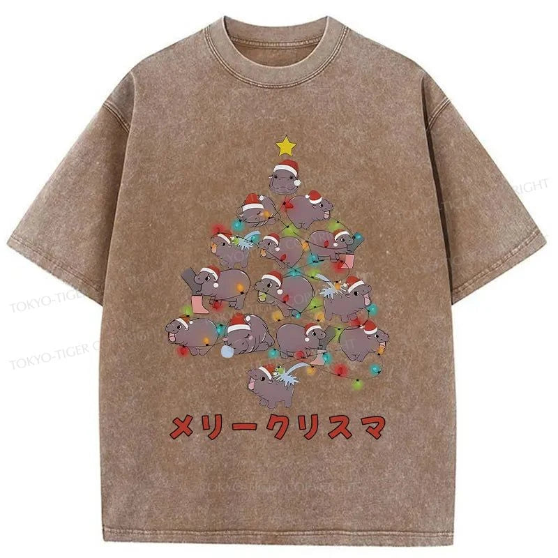 Tokyo-Tiger Moo Deng Christmas Tree Japanese Washed T-Shirt