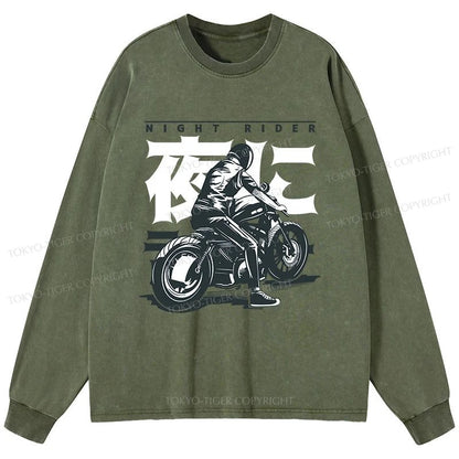 Tokyo-Tiger Motorcyclist Japanese Night Rider Washed Long Sleeve T-Shirt