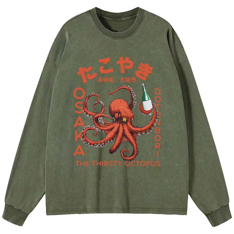 Tokyo-Tiger Octopus Drinks Soju Washed Long Sleeve T-Shirt