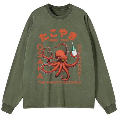 Tokyo-Tiger Octopus Drinks Soju Washed Long Sleeve T-Shirt