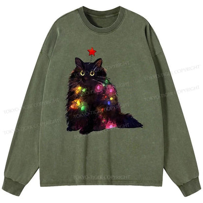 Tokyo-Tiger Christmas Lights Cat Washed Long Sleeve T-Shirt