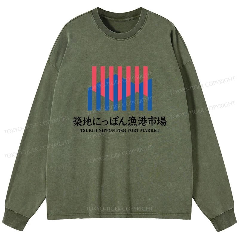 Tokyo-Tiger Tsukiji Nippon Fish Port Market Washed Long Sleeve T-Shirt