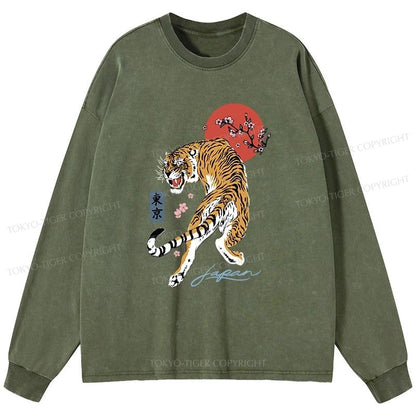 Tokyo-Tiger Tiger Blossom Japanese Sakura Washed Long Sleeve T-Shirt