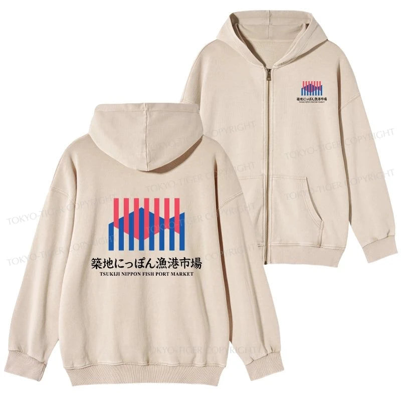 Tokyo-Tiger Tsukiji Nippon Fish Port Market Washed Zip Hoodie