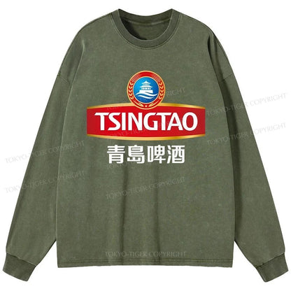 Tokyo-Tiger Qingdao Beer Logo Washed Long Sleeve T-Shirt