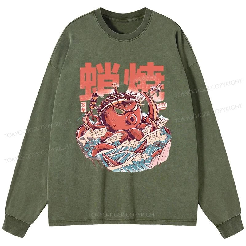 Tokyo-Tiger The Great Wave Takoyaki Japanese Washed Long Sleeve T-Shirt