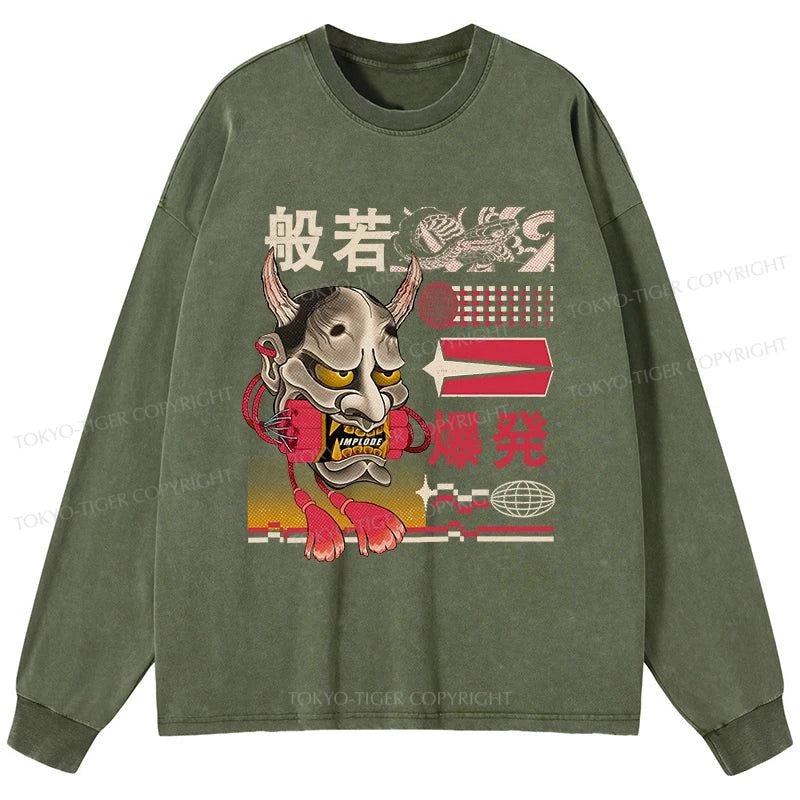 Tokyo-Tiger Hannya Mask Japanese Washed Long Sleeve T-Shirt