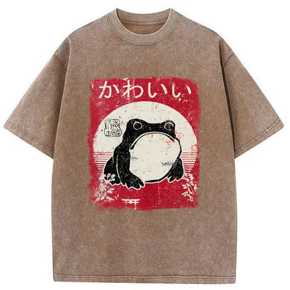 Tokyo-Tiger Woodblock Print Grumpy Frog Washed T-Shirt