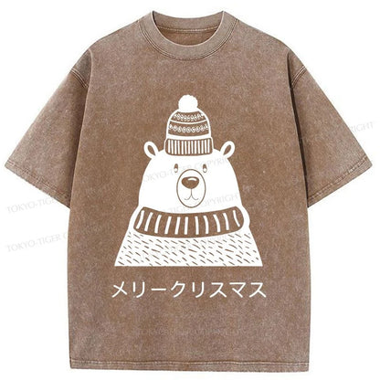 Tokyo-Tiger Cute Christmas White Bear Washed T-Shirt