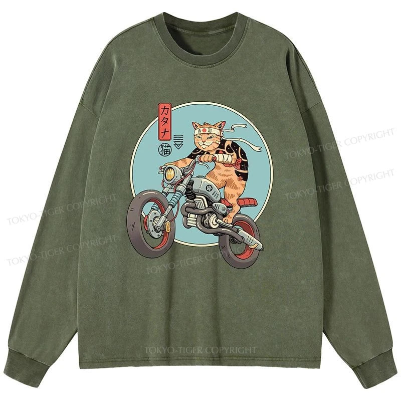 Tokyo-Tiger Catana Motorcycle Washed Long Sleeve T-Shirt