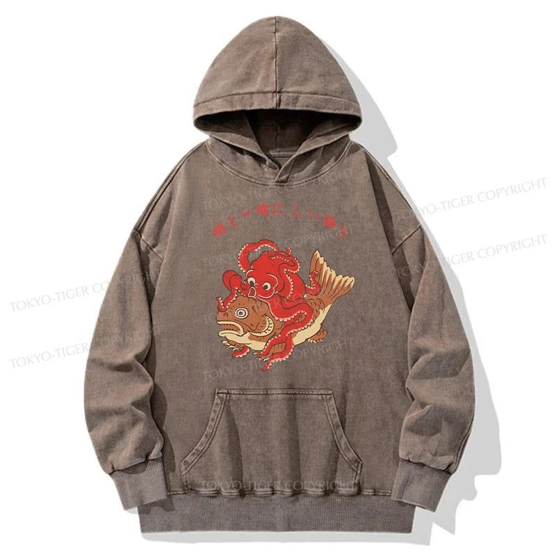 Tokyo-Tiger Octopus And Koi Dance Together Washed Hoodie