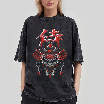 Tokyo-Tiger Japanese Samurai Oni Mask Washed T-Shirt