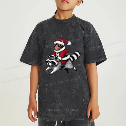 Tokyo-Tiger Santa Cat On A Raccoon Kids Washed T-Shirt