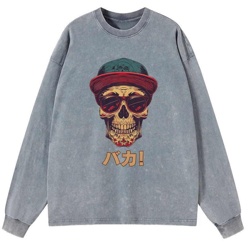 Tokyo-Tiger Fashion Skull Japanese Washed Long Sleeve T-Shirt