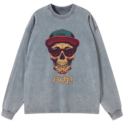 Tokyo-Tiger Fashion Skull Japanese Washed Long Sleeve T-Shirt