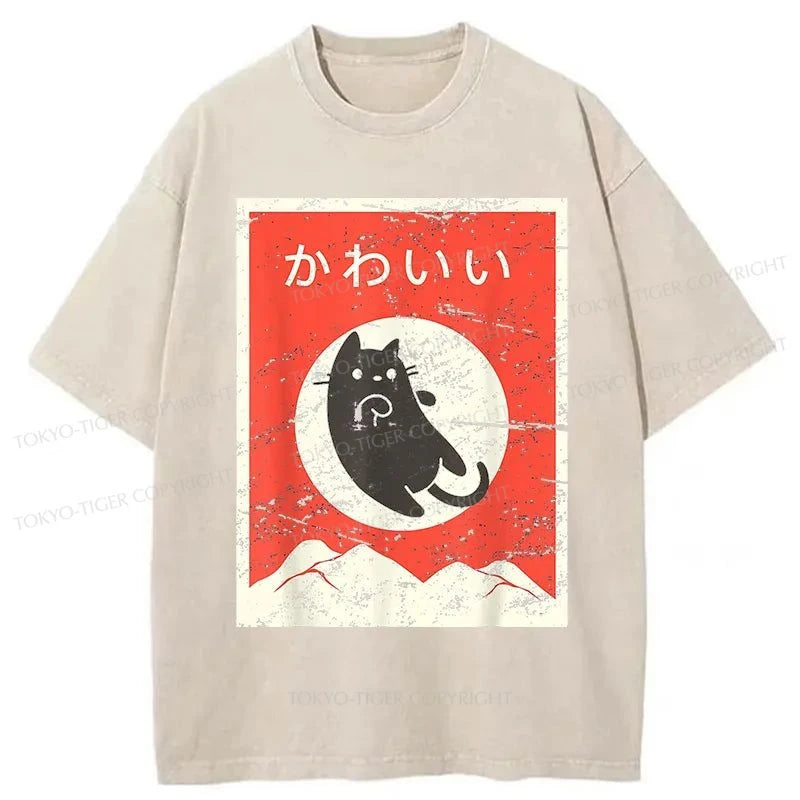 Tokyo-Tiger Cute Black Cat Japanese Washed T-Shirt