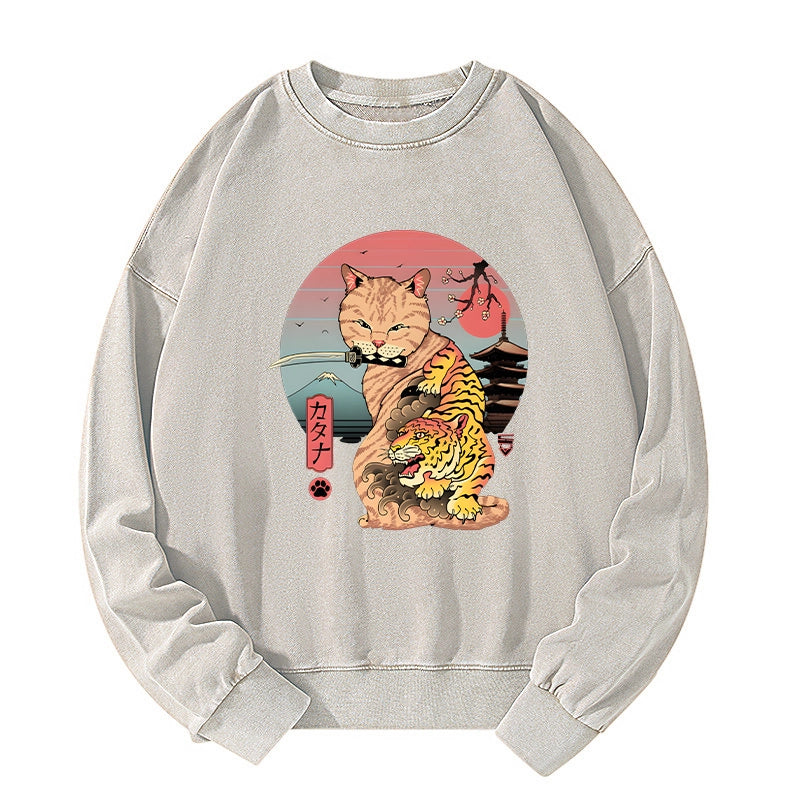 Tokyo-Tiger Katana Cat Tattoo Washed Sweatshirt