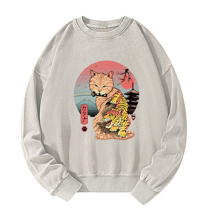 Tokyo-Tiger Katana Cat Tattoo Washed Sweatshirt