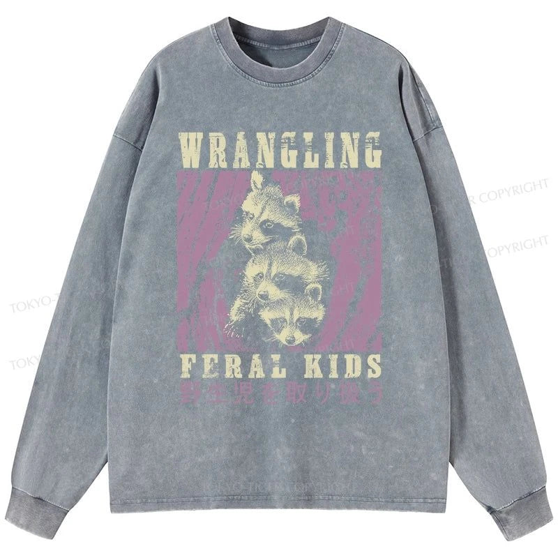 Tokyo-Tiger Wrangling Feral Raccoon Kids Washed Long Sleeve T-Shirt